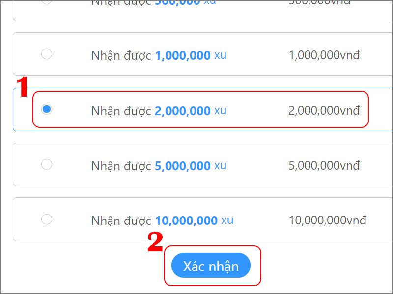 Chọn gói nạp Chọn gói nạp