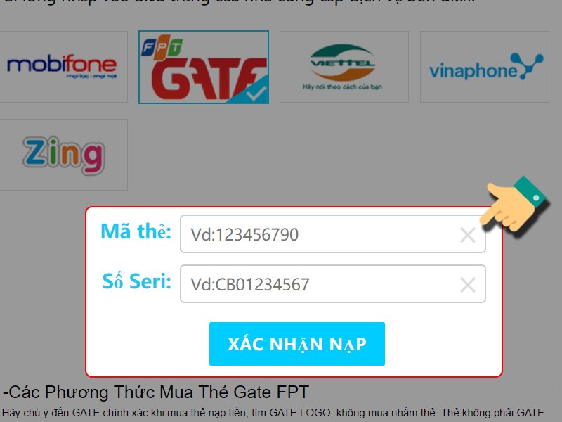 Nhập thông tin thẻ game Nhập thông tin thẻ game