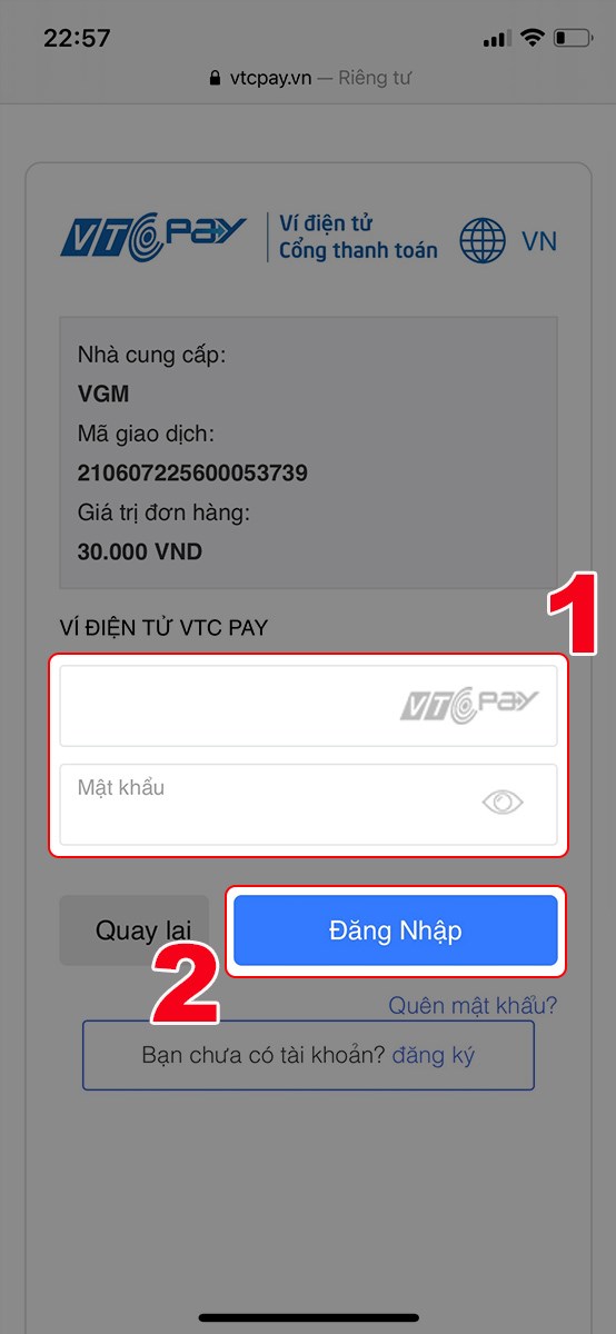 Điền thông tin đăng nhập ví VTCPay Điền thông tin đăng nhập ví VTCPay