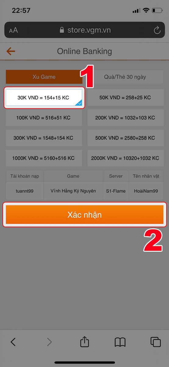 Chọn gói nạp Chọn gói nạp