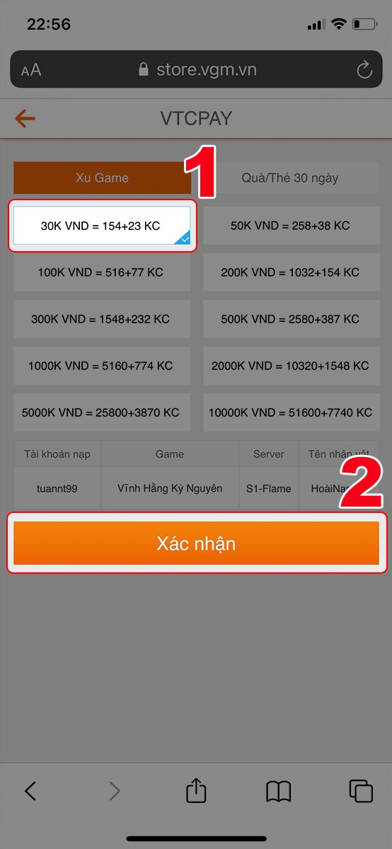Chọn gói nạp Chọn gói nạp