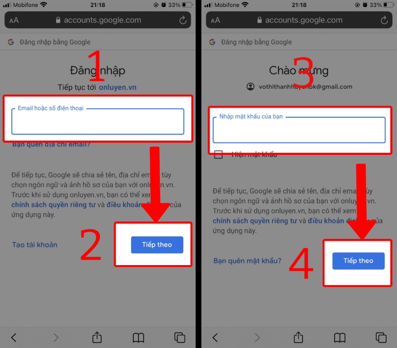 Nhập email/số điện thoại và mật khẩu rồi nhấn Tiếp theo Nhập email/số điện thoại và mật khẩu của bạn rồi nhấn Tiếp theo