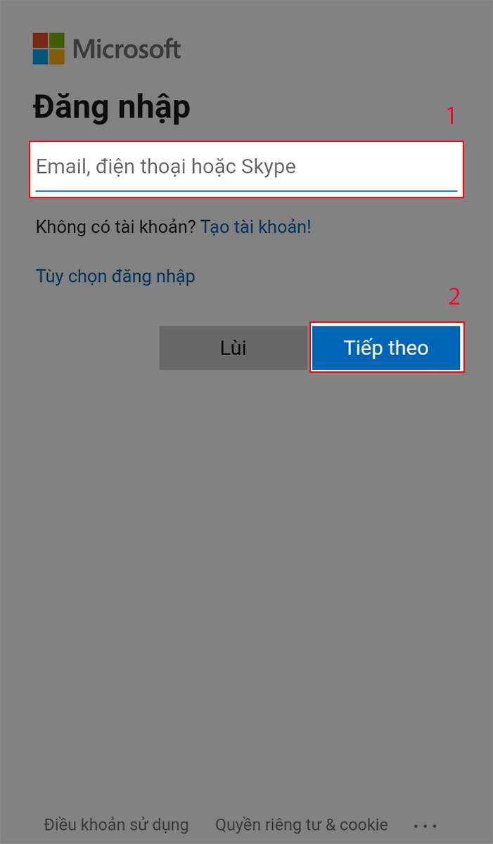 Nhập Email, SDT, Skype để đăng nhập vào ứng dụng OneDrive trên điện thoại sau đó ấn Tiếp theo. Nhập Email, SDT, Skype để đăng nhập vào ứng dụng OneDrive trên điện thoại sau đó ấn Tiếp theo.