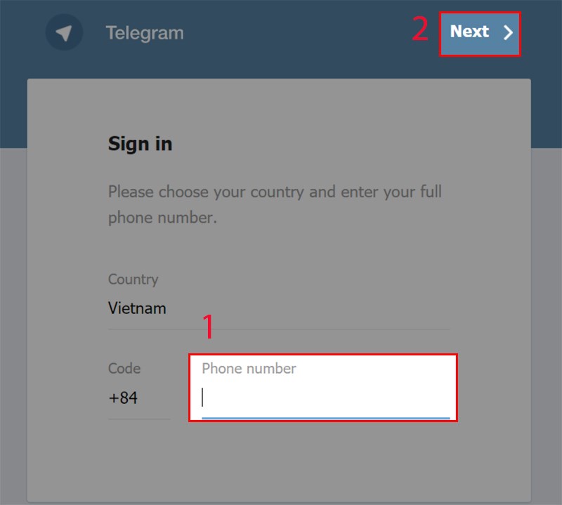 Truy cập vào trang web Telegram, điền số điện thoại sau đó ấn Next. Truy cập vào trang web Telegram, điền số điện thoại sau đó ấn Next.