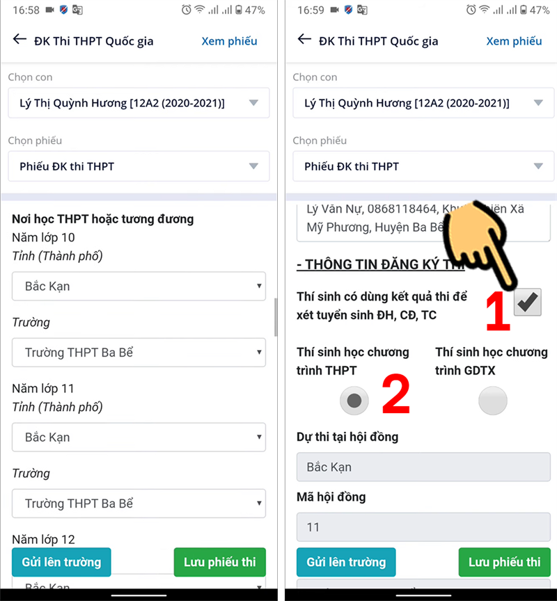 Click chọn ô Có dùng kết quả thi để xét tuyển sinh ĐH, CĐ, TC Click chọn ô Có dùng kết quả thi để xét tuyển sinh ĐH, CĐ, TC