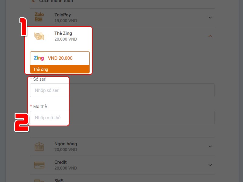 Chọn phương thức thanh toán, điền mã thẻ Chọn phương thức thanh toán, điền mã thẻ