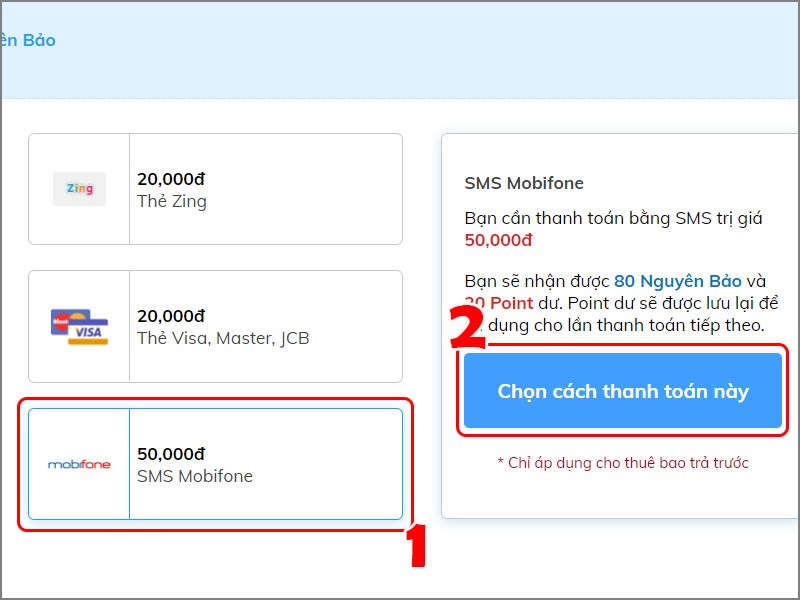 Chọn phương thức thanh toán SMS Chọn phương thức thanh toán SMS