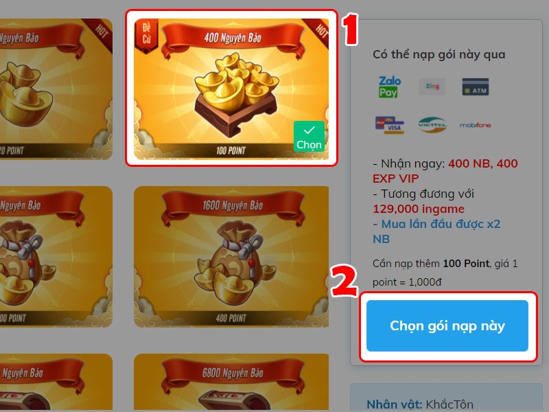 Chọn gói nạp Chọn gói nạp