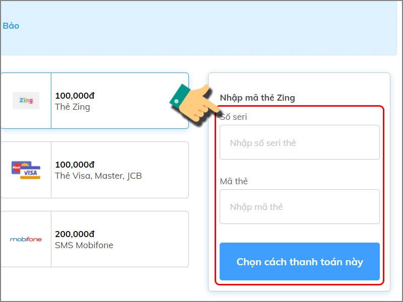 Nhập thông tin số seri, mã thẻ Nhập thông tin số seri, mã thẻ