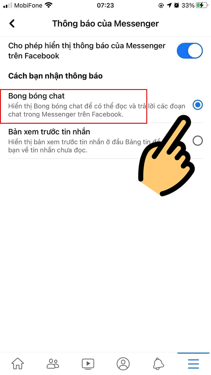 Click vào mục Bong bóng chat Click vào mục Bong bóng chat