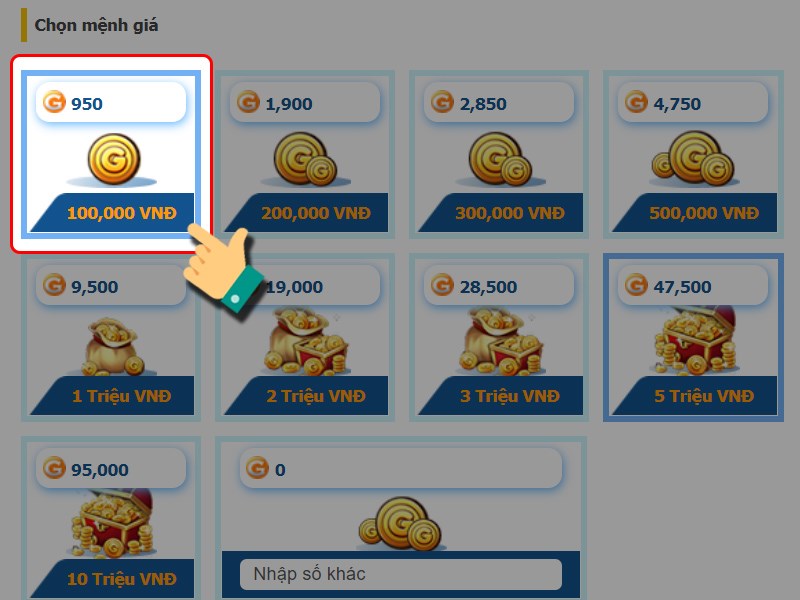Chọn gói muốn nạp Chọn gói muốn nạp