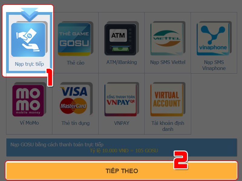 Chọn phương thức thanh toán nạp trực tiếp Chọn phương thức thanh toán nạp trực tiếp