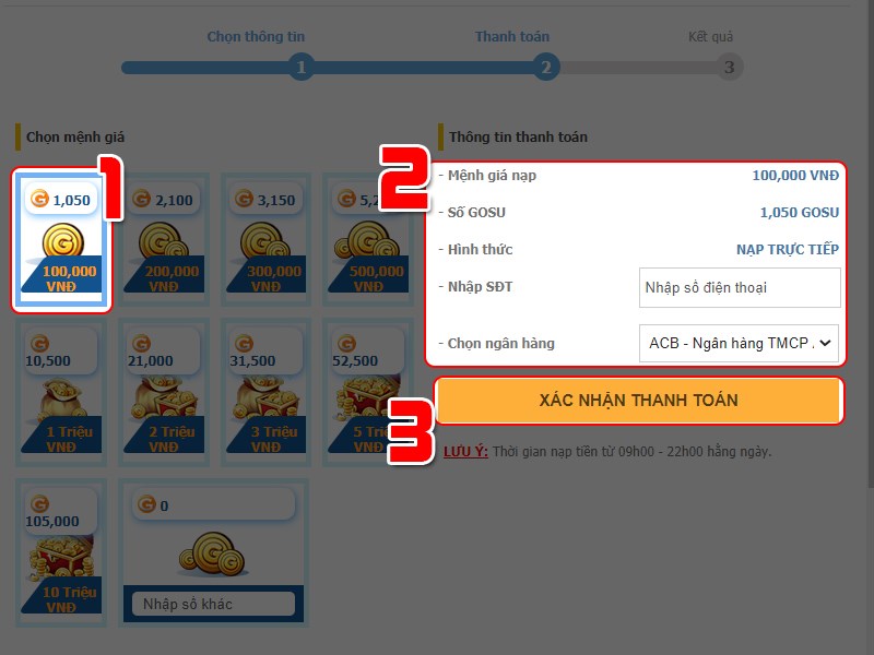 Chọn gói nạp và kiểm tra thông tin thanh toán Chọn gói nạp và kiểm tra thông tin thanh toán