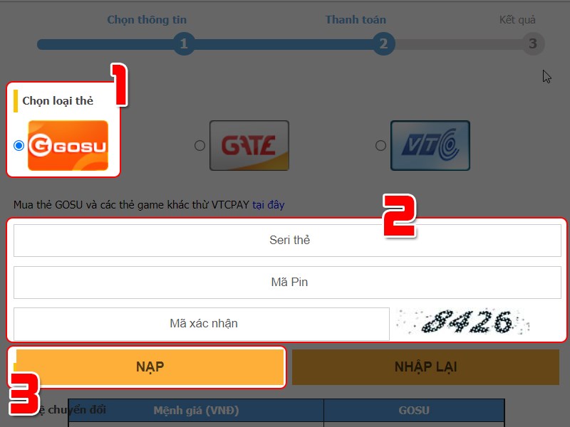 Điền thông tin mã thẻ và nạp Điền thông tin mã thẻ và nạp