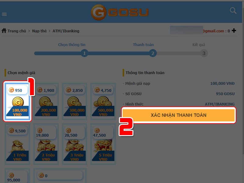 Chọn gói nạp Chọn gói nạp