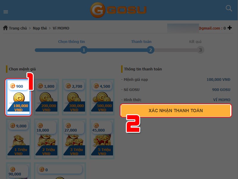 Chọn gói nạp Chọn gói nạp