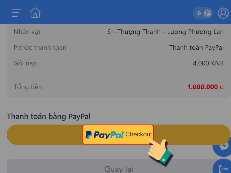 Nhấn vào PayPal Nhấn vào PayPal