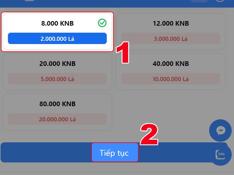 Chọn gói nạp Chọn gói nạp