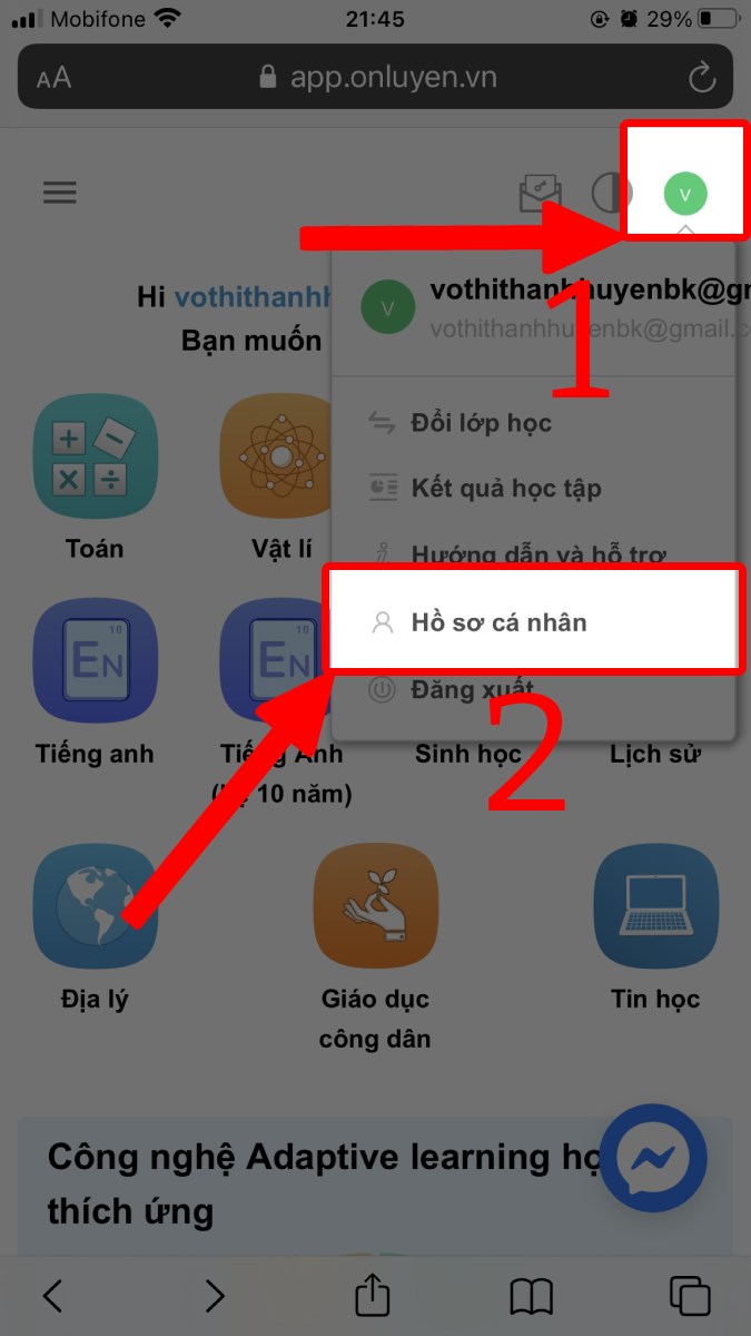 Nhấn vào avatar tài khoản và chọn Hồ sơ cá nhân Nhấn vào avatar tài khoản và chọn Hồ sơ cá nhân