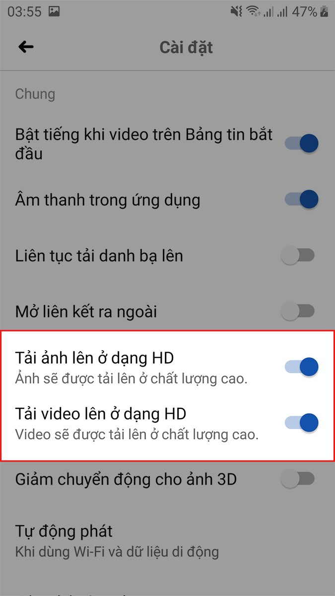 Nhấn vào biểu tượng nút gạt tại mục Tải ảnh, video lên ở dạng HD Nhấn vào biểu tượng nút gạt tại mục Tải ảnh, video lên ở dạng HD