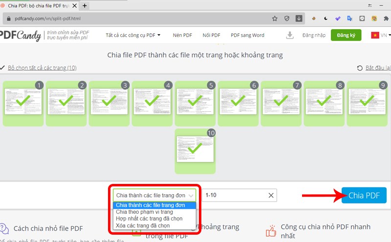 Chọn cách cắt file và nhấn vào Chia PDF Chọn cách cắt file và nhấn vào Chia PDF
