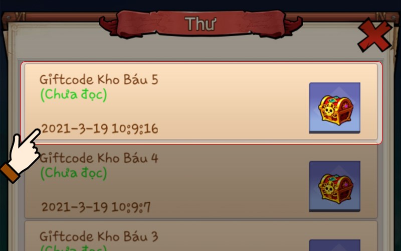 Mở thư giftcode và chọn Nhận Mở thư giftcode và chọn Nhận