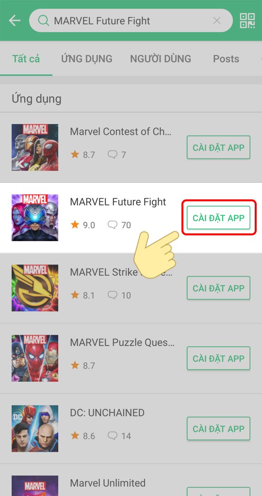 8-540x1020-1 Các game liên quan sẽ hiện ra và bạn sẽ thấy MARVEL Future Fight, chọn CÀI ĐẶT APP để tải về.