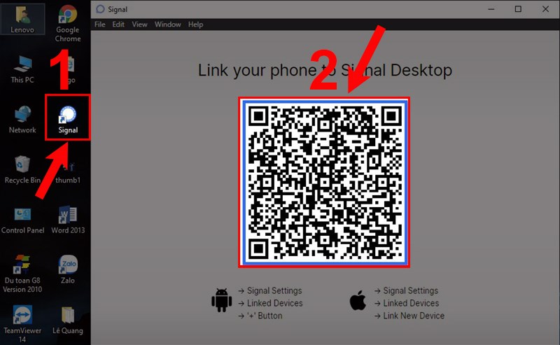 Mở ứng dụng Signal trên máy tính để lấy mã QR đăng nhập. Mở ứng dụng Signal trên máy tính để lấy mã QR đăng nhập.