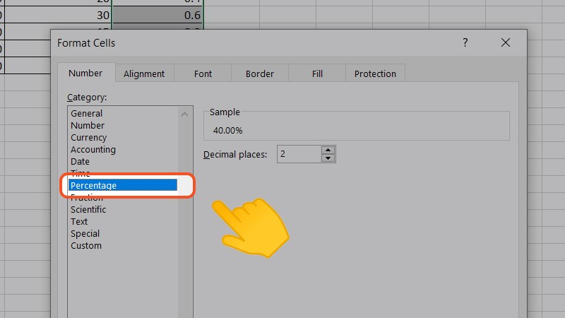 Hộp thoại Format Cells hiện ra, chọn Percentage trong phần Number. Hộp thoại Format Cells hiện ra, chọn Percentage trong phần Number.