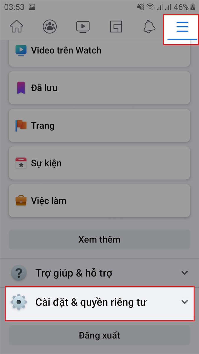 Mở ứng dụng Facebook, nhấn vào biểu tượng 3 dấu gạch ở góc trên bên phải Mở ứng dụng Facebook, nhấn vào biểu tượng 3 dấu gạch ở góc trên bên phải