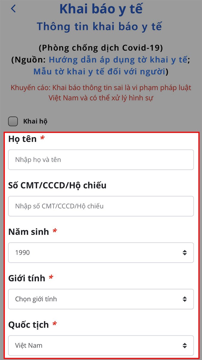 Điền các thông tin cá nhân Điền các thông tin cá nhân