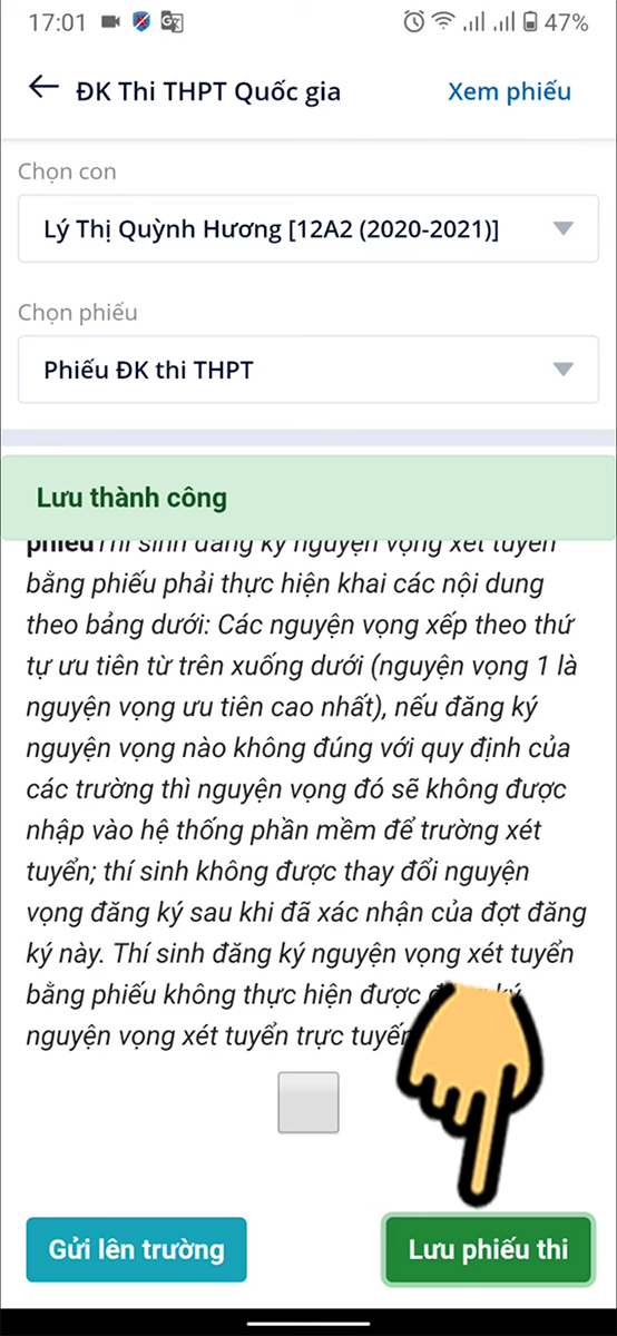 Thí sinh chọn mục Lưu phiếu thi Thí sinh chọn mục Lưu phiếu thi