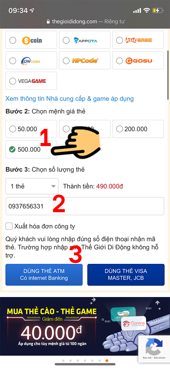 Chọn mệnh giá thẻ Chọn mệnh giá thẻ
