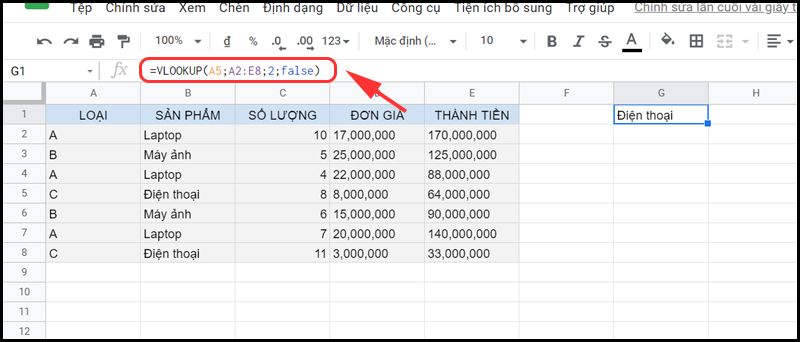 Hàm VLOOKUP so sánh giá trị của ô A5 với dải đầu tiên trong vùng được chọn và dò ra kết quả điện thoại