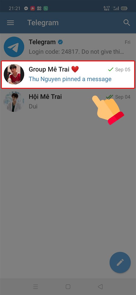 9b3cb44c741c5be9be7d4-471x1020-1 Mở ứng dụng Telegram > Nhấn giữ tin nhắn bạn muốn xóa.