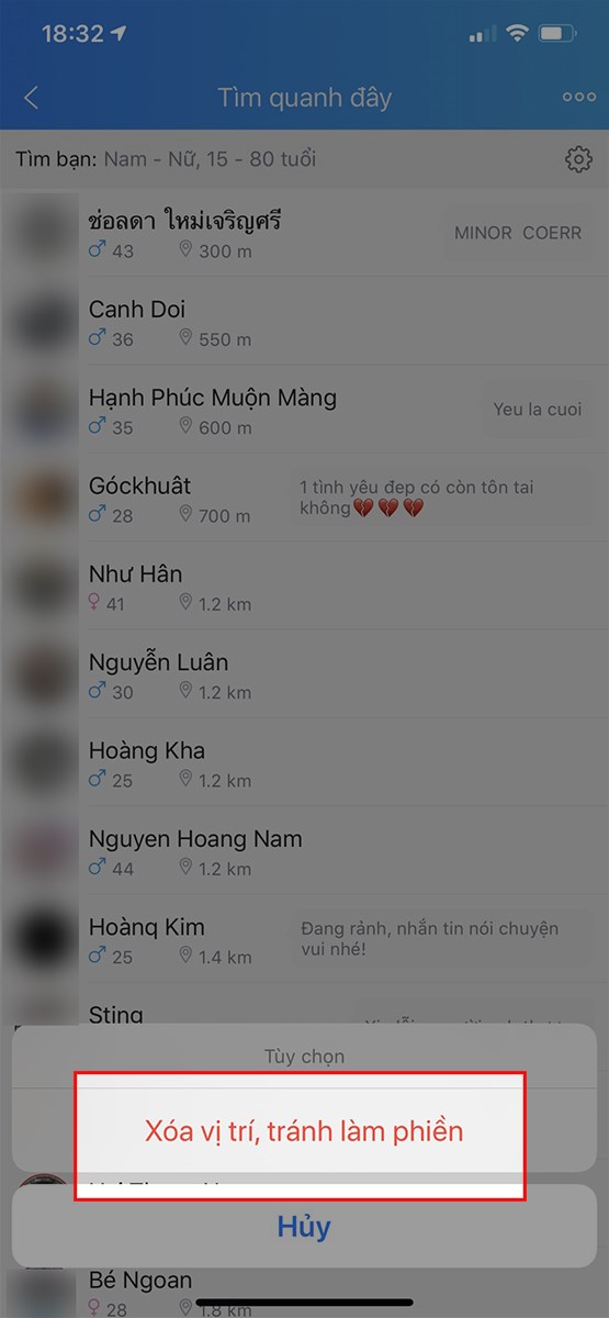 Chọn Xóa vị trí, tránh làm phiền Chọn Xóa vị trí, tránh làm phiền