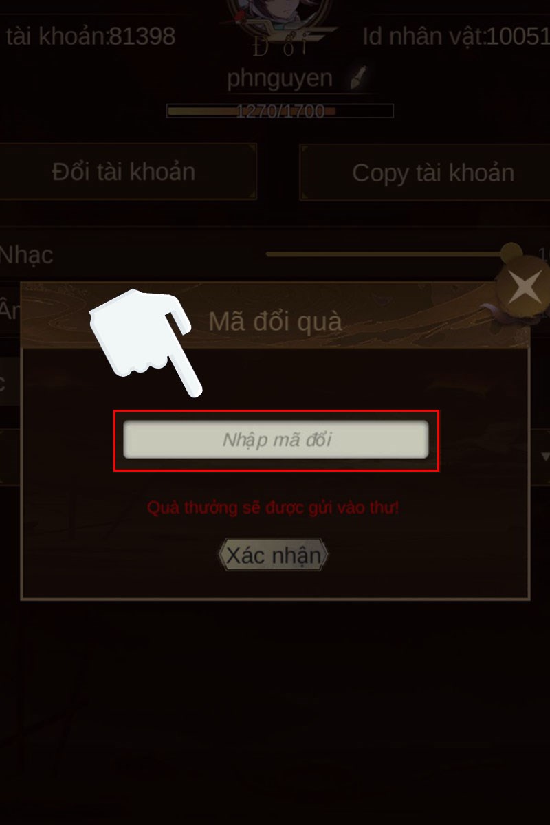 Nhập code vào ô Nhập code vào ô