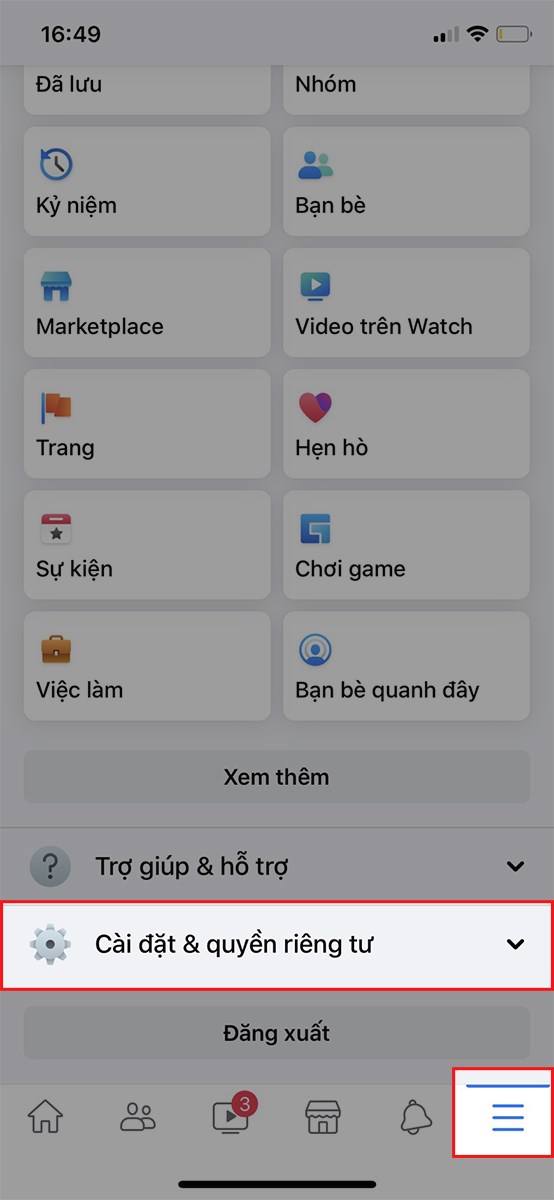Mở ứng dụng Facebook, nhấn vào biểu tượng 3 dấu gạch ở góc dưới bên phải > Chọn Cài đặt & quyền riêng tư Mở ứng dụng Facebook, nhấn vào biểu tượng 3 dấu gạch ở góc dưới bên phải > Chọn Cài đặt & quyền riêng tư