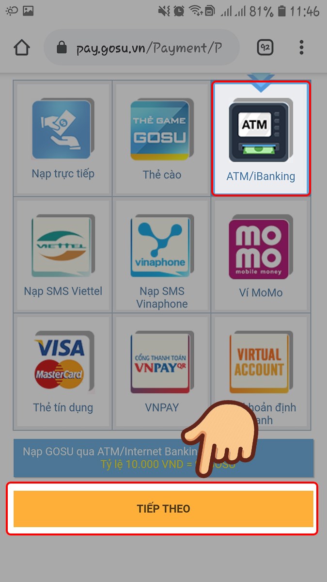 Chọn ATM/iBanking và chọn TIẾP THEO Chọn ATM/iBanking và chọn TIẾP THEO