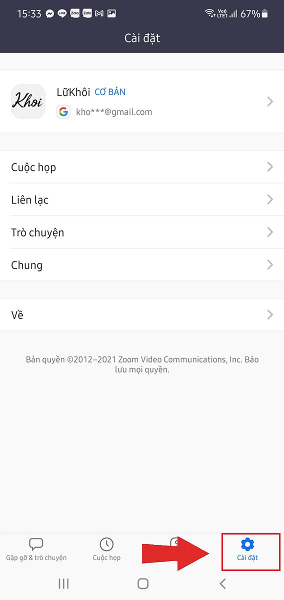 Mở ứng dụng Zoom và chọn cài đặt ở góc dưới bên phải màn hình. Mở ứng dụng Zoom và chọn cài đặt ở góc dưới bên phải màn hình.