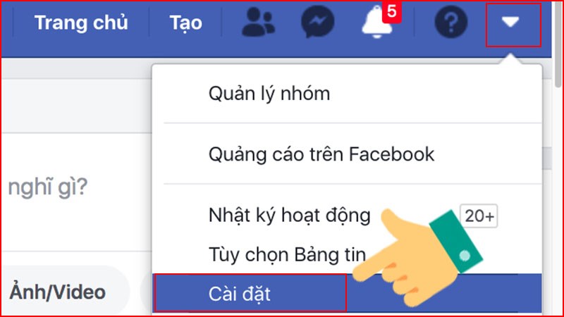 b11-800x450-2 Đăng nhập Facebook trên trình duyệt web bất kỳ > Chọn biểu tượng mũi tên > Chọn cài đặt.