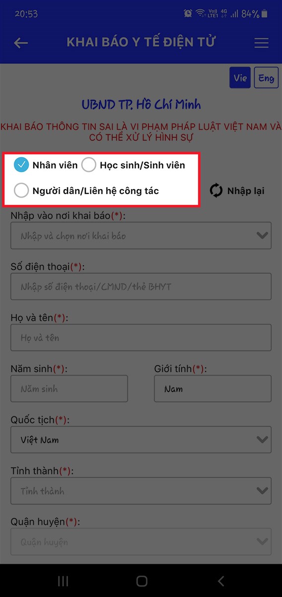 Chọn trường hợp mà bạn khai báo Chọn trường hợp mà bạn khai báo