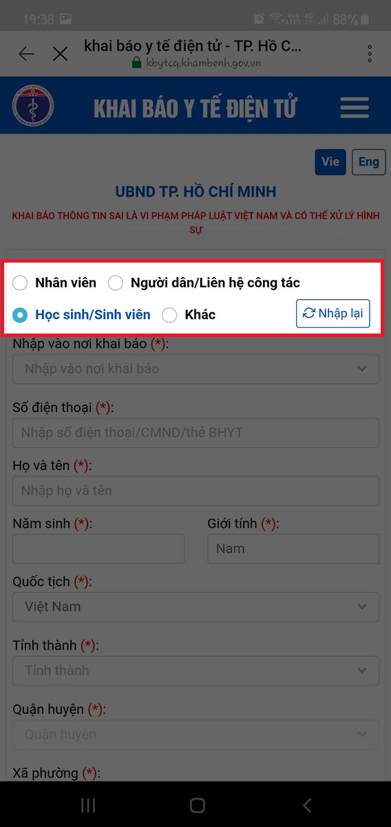 Chọn trường hợp mà bạn khai báo Chọn trường hợp mà bạn khai báo