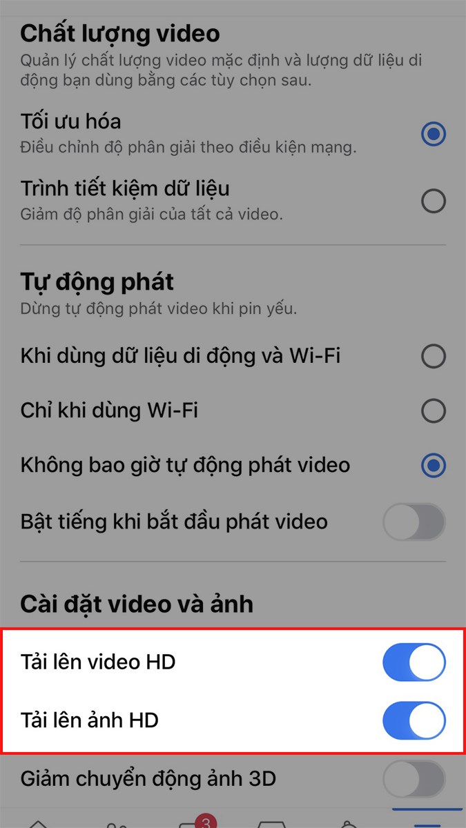 hấn vào biểu tượng nút gạt ở mục Tải lên ảnh, video HD hấn vào biểu tượng nút gạt ở mục Tải lên ảnh, video HD