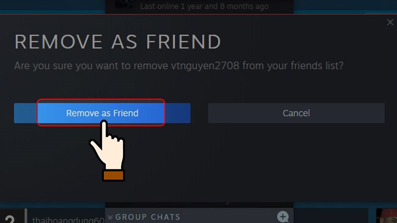 Nhấn chọn Remove as Friend lần nữa để hủy kết bạn. Nhấn chọn Remove as Friend lần nữa để hủy kết bạn