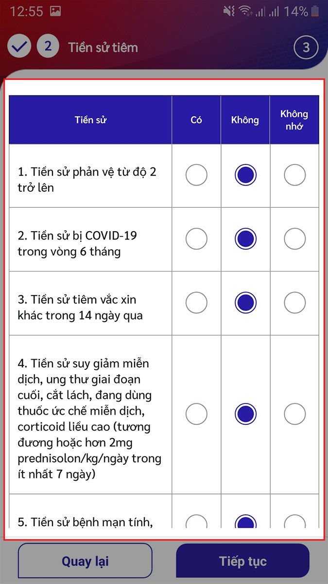 Điền các thông tin về tiền sử bệnh của bạn: trả lời Có hoặc Không hoặc Không nhớ Điền các thông tin về tiền sử bệnh của bạn: trả lời Có hoặc Không hoặc Không nhớ