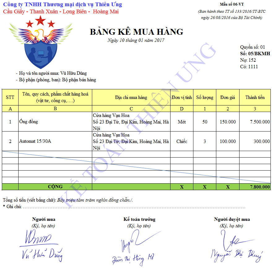 Mẫu bảng kê mua hàng