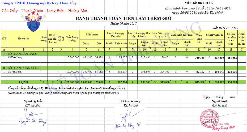 Bảng thanh toán tiền làm thêm giờ theo tt 133