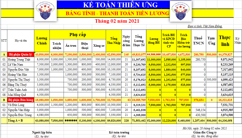 Mẫu bảng tính lương trên Excel năm 2021 mới nhất