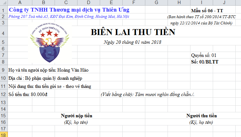 Mẫu biên lai thu tiền trên excel